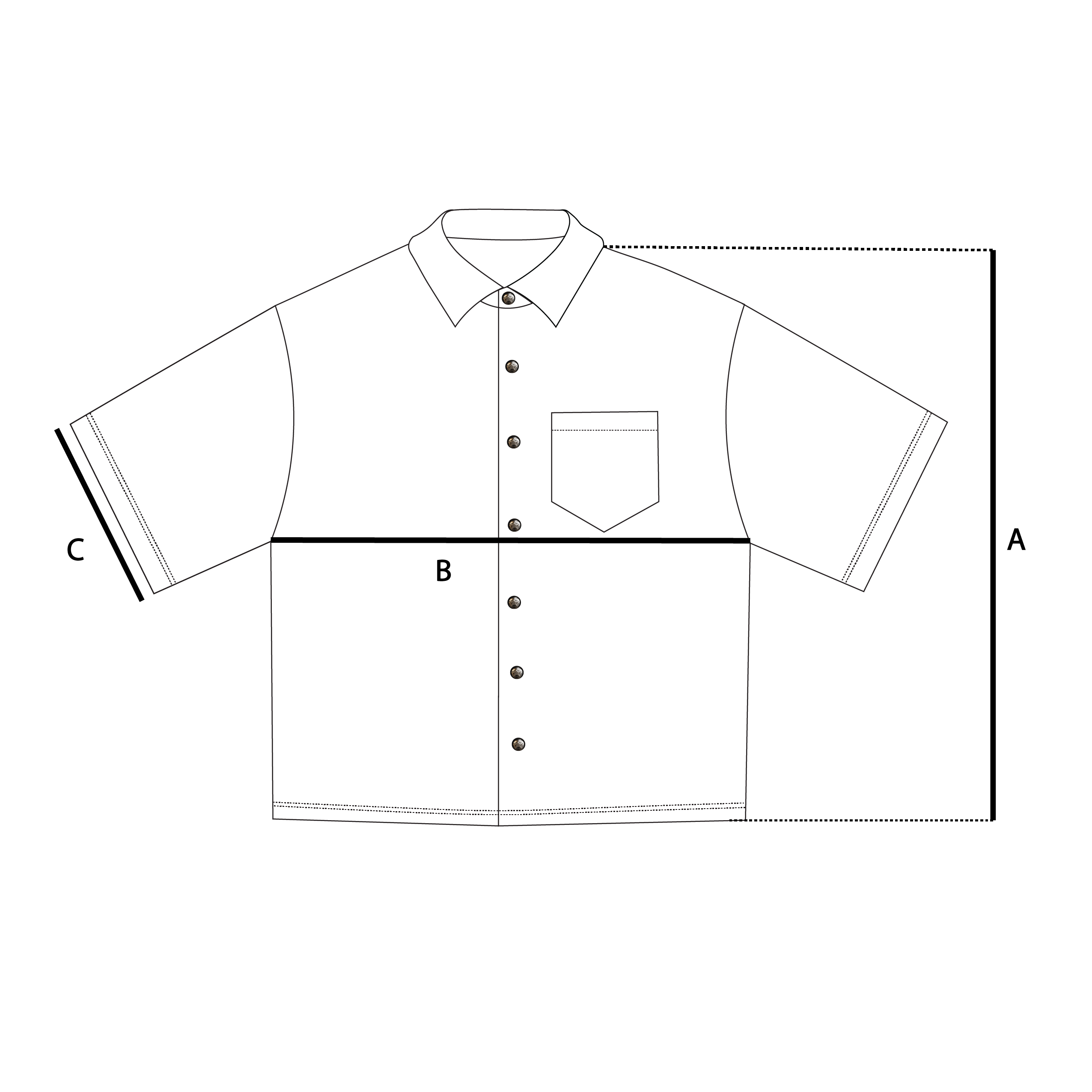 Size guide measurements diagram for button up shirt