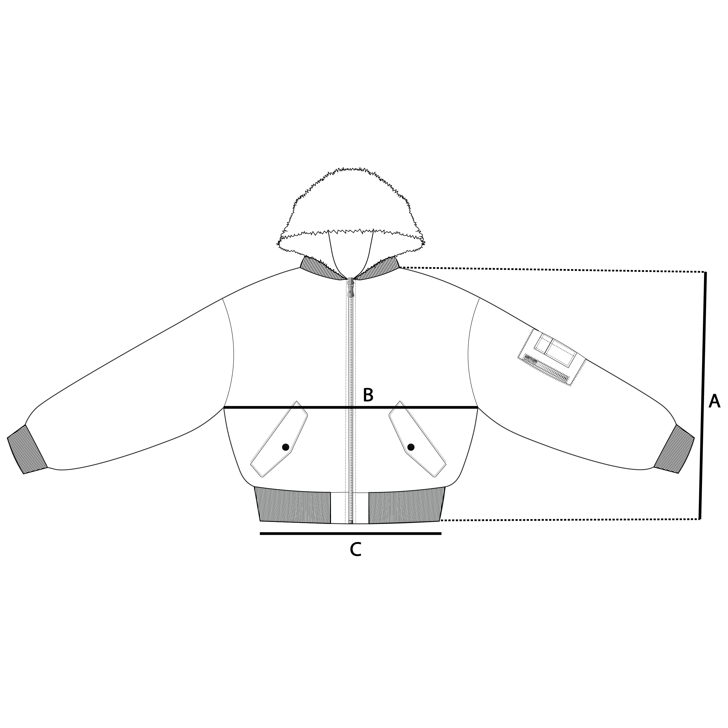 Size guide measurements diagram for Reversible Bomber