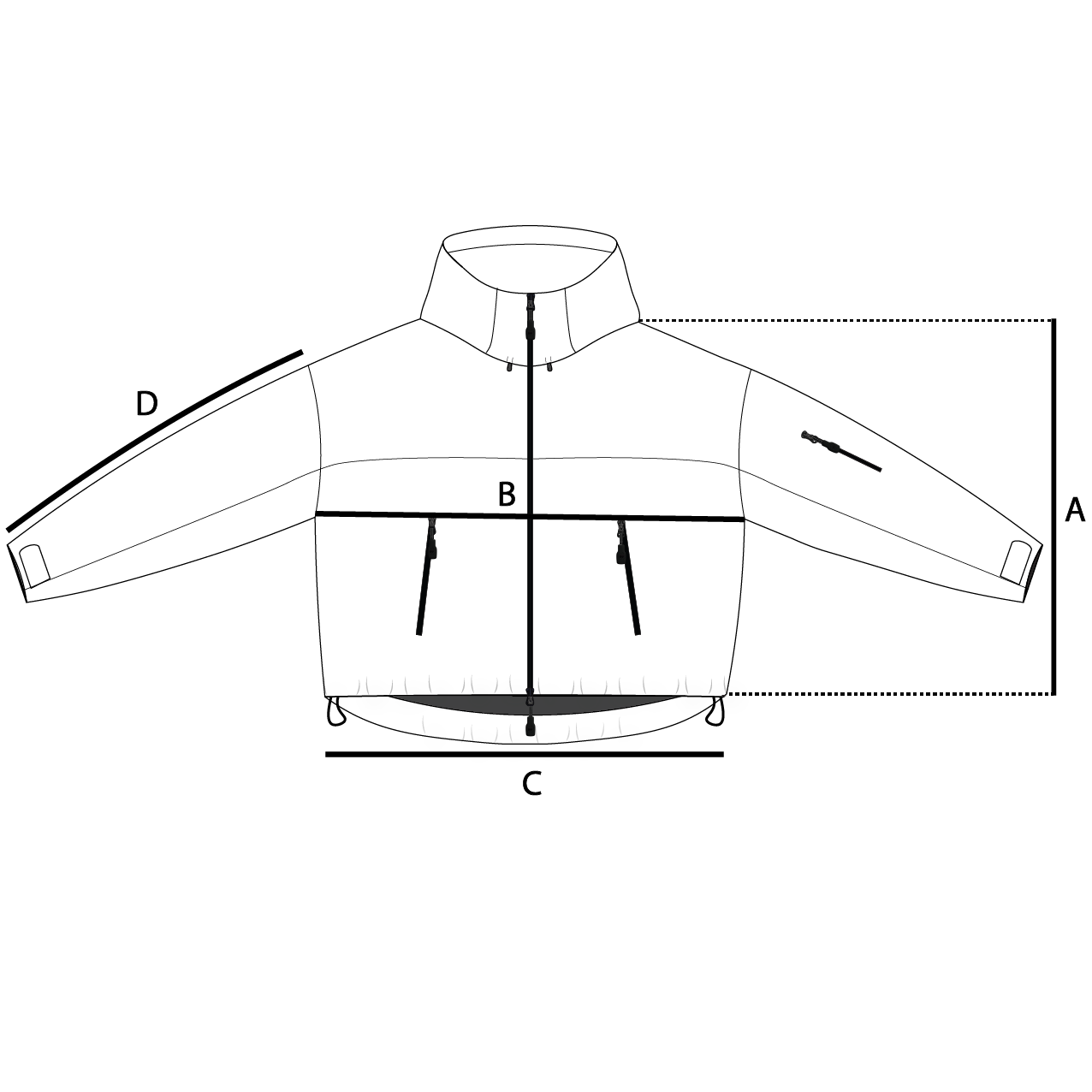 Size guide measurements diagram for tech jacket