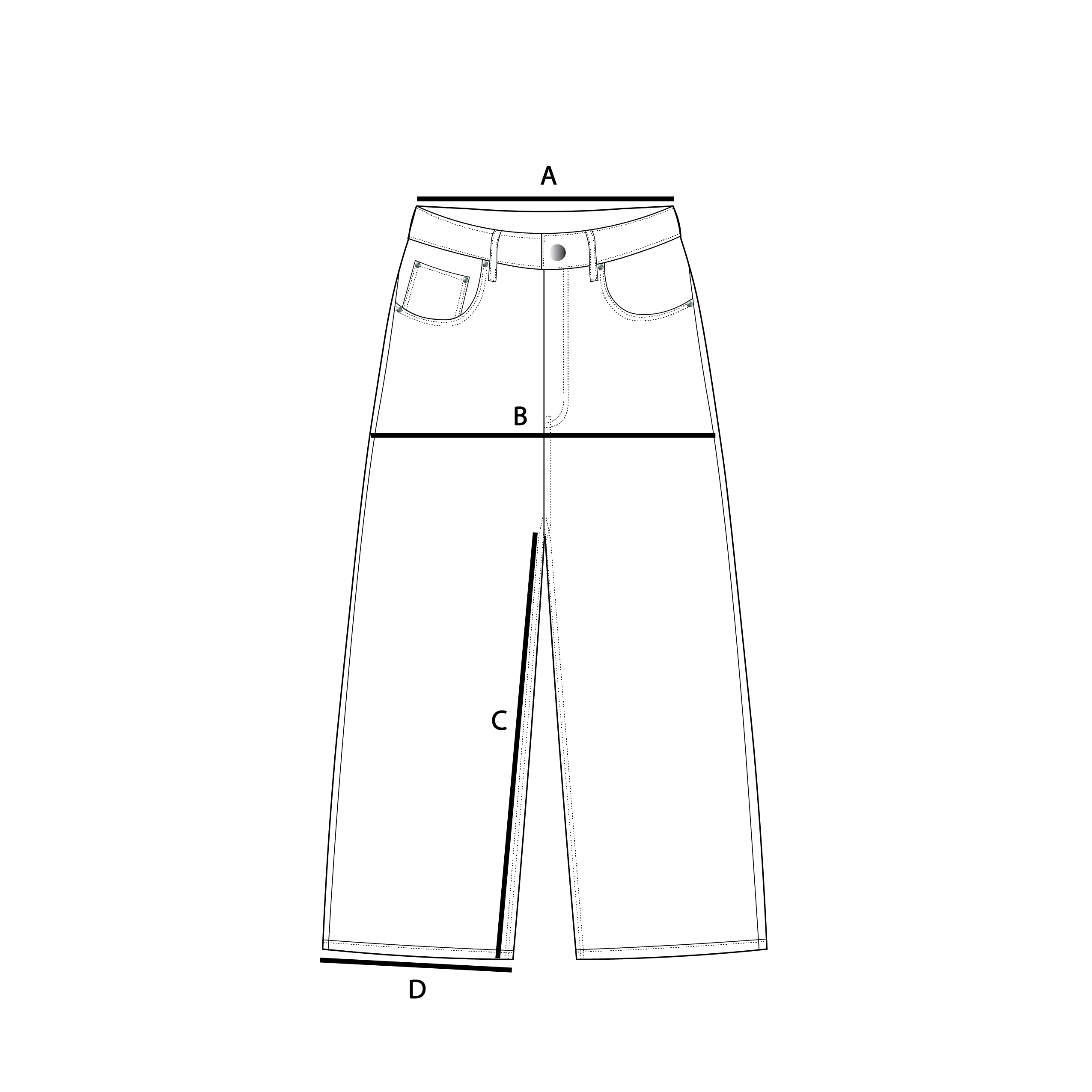 Size guide measurements diagram for denim jeans